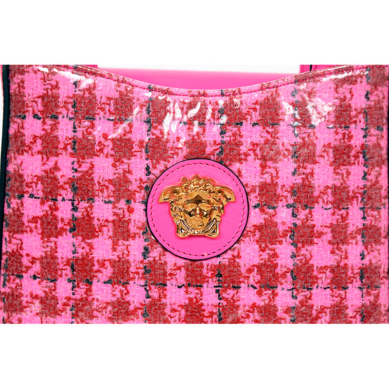 NEW $1325 VERSACE Pink Leather & Vinyl Houndstooth LA MEDUSA Crossbody TOTE BAG