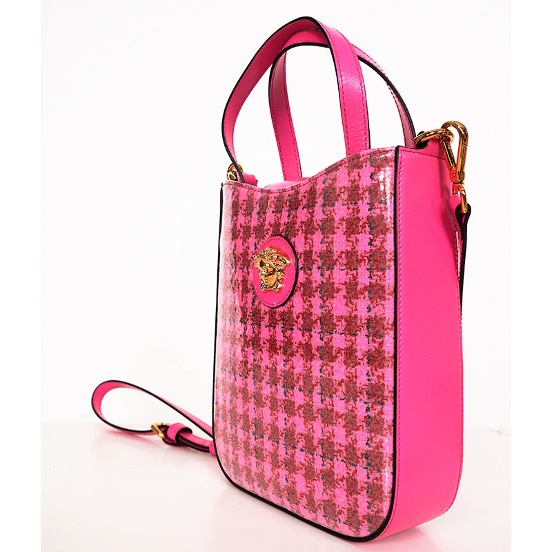 NEW $1325 VERSACE Pink Leather & Vinyl Houndstooth LA MEDUSA Crossbody TOTE BAG