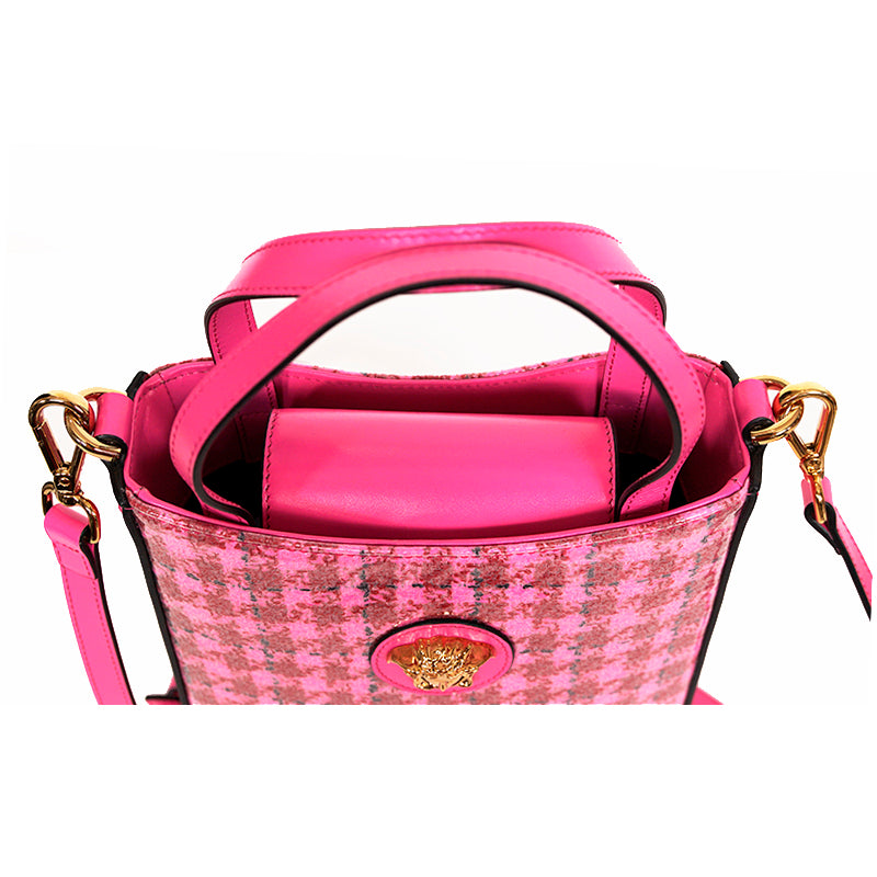 NEW $1325 VERSACE Pink Leather & Vinyl Houndstooth LA MEDUSA Crossbody TOTE BAG