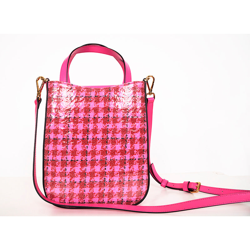 NEW $1325 VERSACE Pink Leather & Vinyl Houndstooth LA MEDUSA Crossbody TOTE BAG