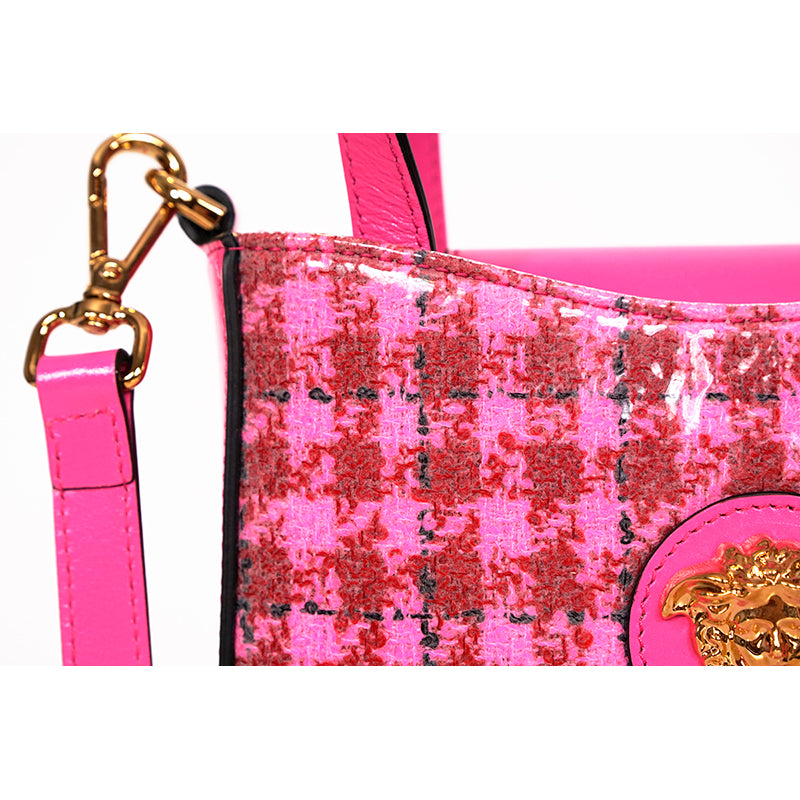 NEW $1325 VERSACE Pink Leather & Vinyl Houndstooth LA MEDUSA Crossbody TOTE BAG