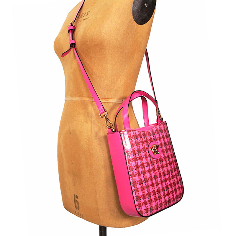 NEW $1325 VERSACE Pink Leather & Vinyl Houndstooth LA MEDUSA Crossbody TOTE BAG