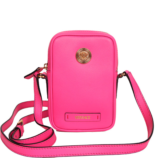 NEW $850 VERSACE Pink Leather GOLD BIGGIE MEDUSA LOGO Crossbody Phone Camera BAG