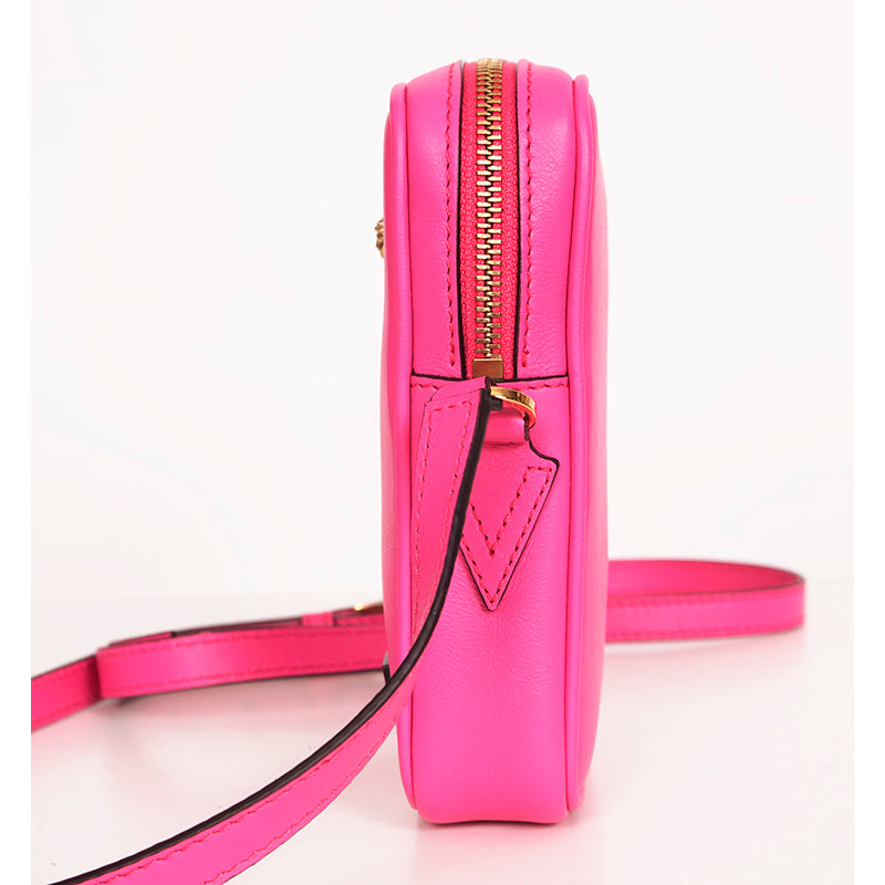 NEW $850 VERSACE Pink Leather GOLD BIGGIE MEDUSA LOGO Crossbody Phone Camera BAG