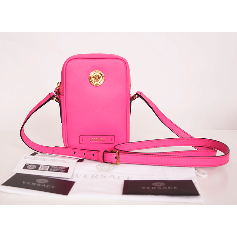 NEW $850 VERSACE Pink Leather GOLD BIGGIE MEDUSA LOGO Crossbody Phone Camera BAG