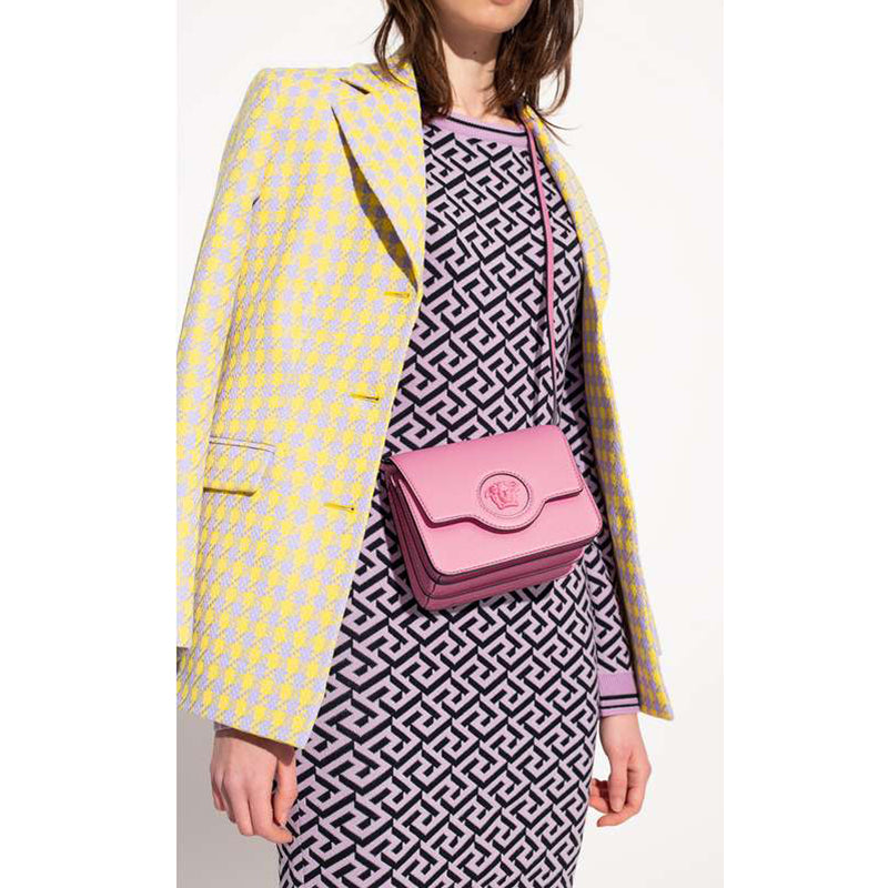 NEW $1575 VERSACE Bubblegum Pink Leather LA MEDUSA LOGO Crossbody SMALL FLAP BAG
