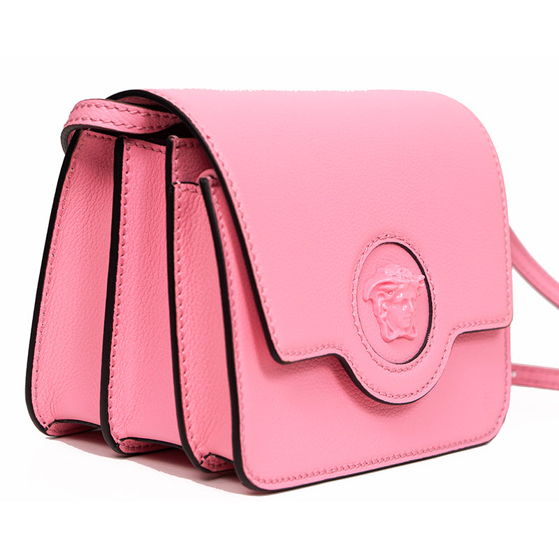 NEW $1575 VERSACE Bubblegum Pink Leather LA MEDUSA LOGO Crossbody SMALL FLAP BAG