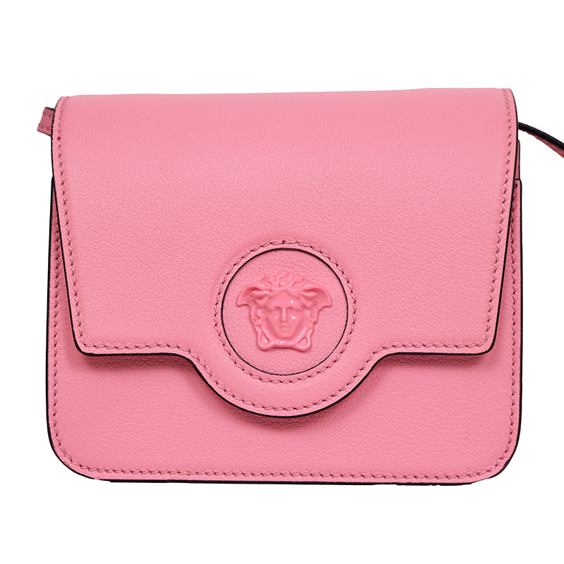 NEW $1575 VERSACE Bubblegum Pink Leather LA MEDUSA LOGO Crossbody SMALL FLAP BAG