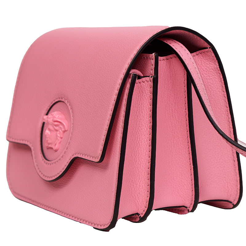 NEW $1575 VERSACE Bubblegum Pink Leather LA MEDUSA LOGO Crossbody SMALL FLAP BAG