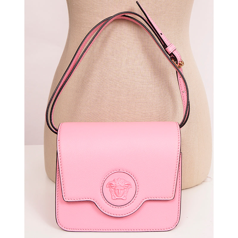NEW $1575 VERSACE Bubblegum Pink Leather LA MEDUSA LOGO Crossbody SMALL FLAP BAG