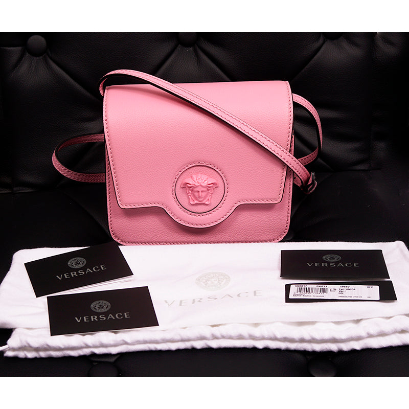 NEW $1575 VERSACE Bubblegum Pink Leather LA MEDUSA LOGO Crossbody SMALL FLAP BAG