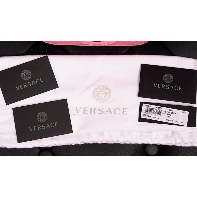 NEW $1575 VERSACE Bubblegum Pink Leather LA MEDUSA LOGO Crossbody SMALL FLAP BAG