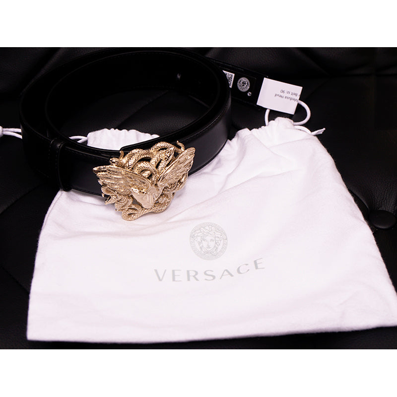 36/90 NEW $900 VERSACE Men's WINGED MEDUSA LARGE BUCKLE Black Leather BELT