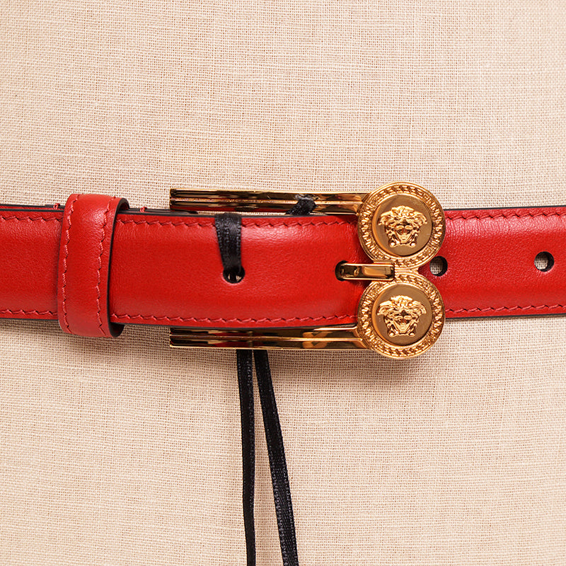 32, 34, & 40 NEW $600 VERSACE Woman's Red Leather GOLD MEDUSA LOGO BUCKLE Classic BELT