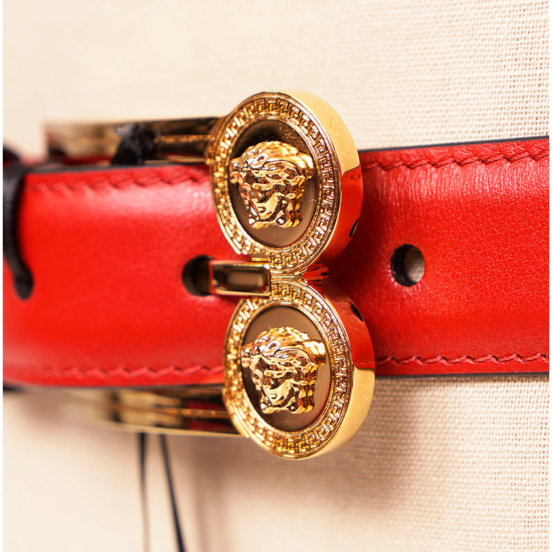 32, 34, & 40 NEW $600 VERSACE Woman's Red Leather GOLD MEDUSA LOGO BUCKLE Classic BELT