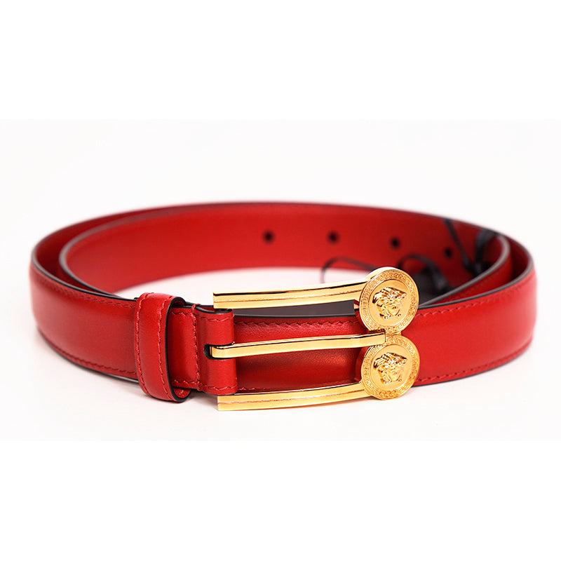 32, 34, & 40 NEW $600 VERSACE Woman's Red Leather GOLD MEDUSA LOGO BUCKLE Classic BELT