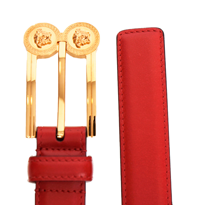 32, 34, & 40 NEW $600 VERSACE Woman's Red Leather GOLD MEDUSA LOGO BUCKLE Classic BELT