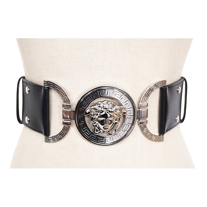 sz XS/L/XL NEW $850 VERSACE Black Leather Elastic LARGE MEDUSA BUCKLE Wide '95 BELT