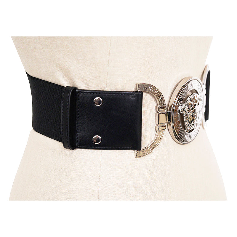 sz XS/L/XL NEW $850 VERSACE Black Leather Elastic LARGE MEDUSA BUCKLE Wide '95 BELT