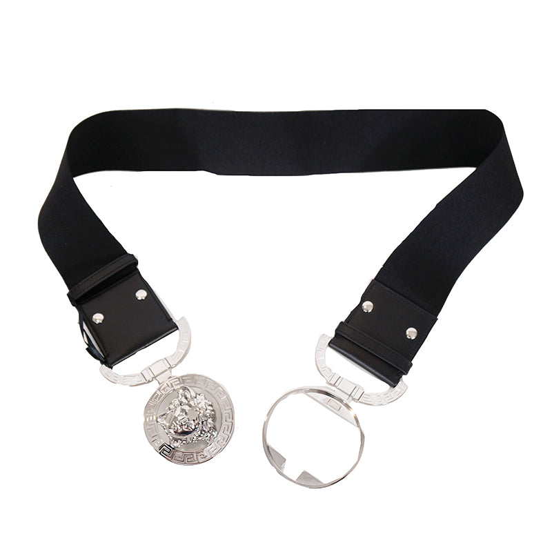 sz XS/L/XL NEW $850 VERSACE Black Leather Elastic LARGE MEDUSA BUCKLE Wide '95 BELT