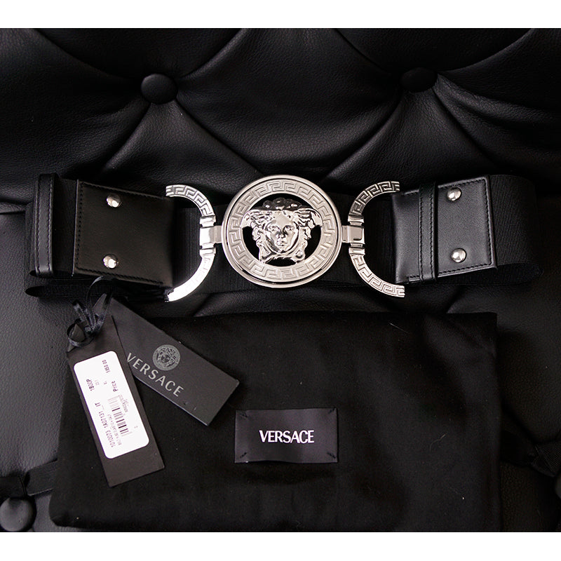 sz XS/L/XL NEW $850 VERSACE Black Leather Elastic LARGE MEDUSA BUCKLE Wide '95 BELT
