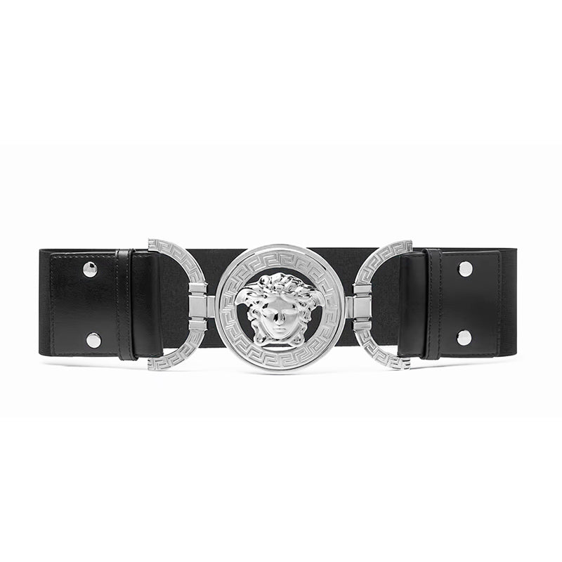 sz XS/L/XL NEW $850 VERSACE Black Leather Elastic LARGE MEDUSA BUCKLE Wide '95 BELT
