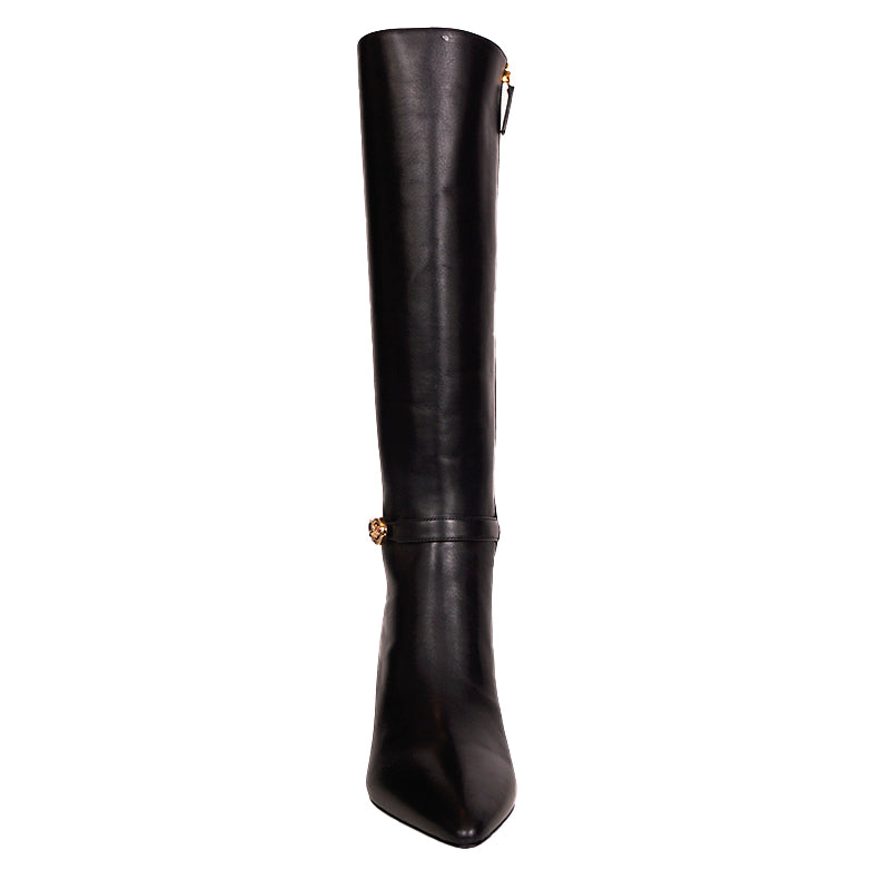 38 NEW $1,825 VERSACE Black Leather LOGO SAFETY PIN Knee High Point Toe BOOTS 9