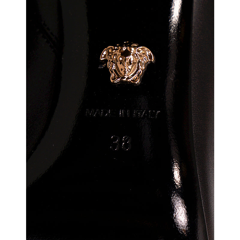38 NEW $1,825 VERSACE Black Leather LOGO SAFETY PIN Knee High Point Toe BOOTS 9