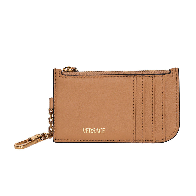 NEW $400 VERSACE Tan Leather GOLD LA MEDUSA LOGO Card CASE WALLET w/ KEY CHAIN