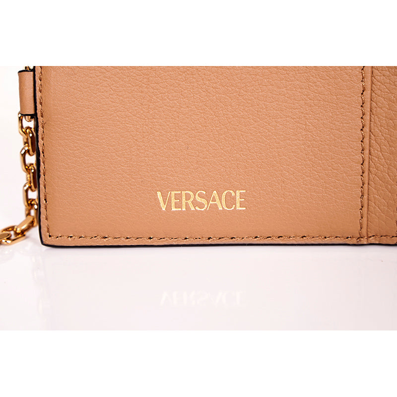 NEW $400 VERSACE Tan Leather GOLD LA MEDUSA LOGO Card CASE WALLET w/ KEY CHAIN