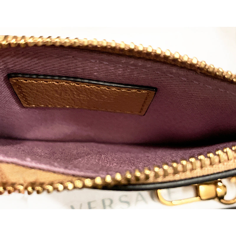 NEW $400 VERSACE Tan Leather GOLD LA MEDUSA LOGO Card CASE WALLET w/ KEY CHAIN