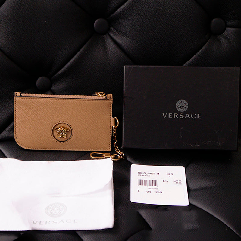 NEW $400 VERSACE Tan Leather GOLD LA MEDUSA LOGO Card CASE WALLET w/ KEY CHAIN
