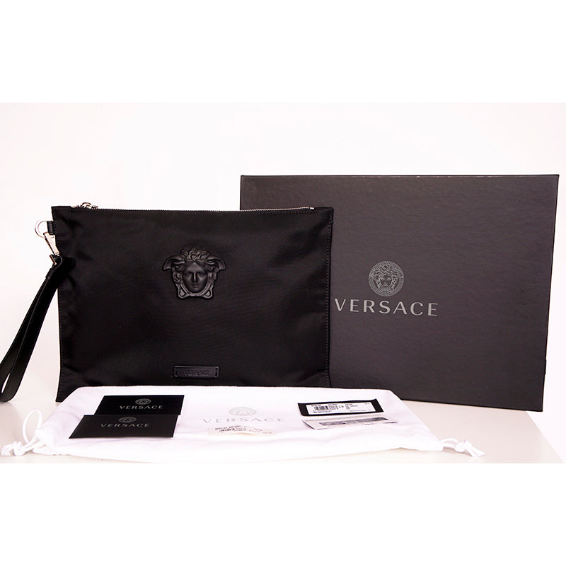 NEW $595 VERSACE Black Nylon LA MEDUSA LOGO Wristlet CLUTCH Pouch BAG NIB