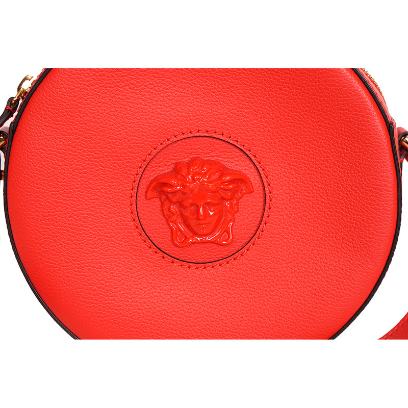 NEW $1295 VERSACE RUNWAY Red Grainy Leather LA MEDUSA HEAD LOGO Disco Round BAG