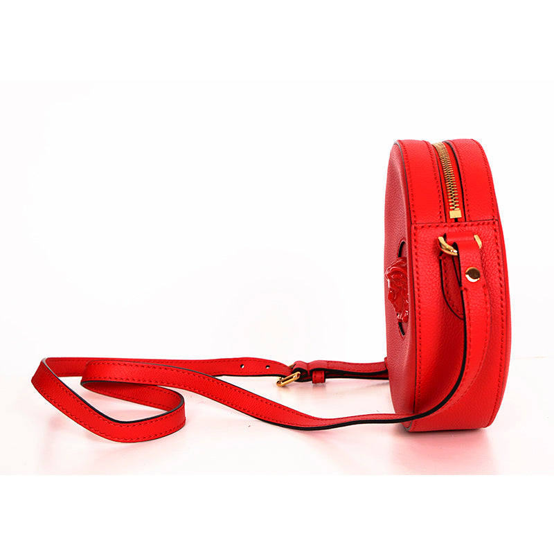 NEW $1295 VERSACE RUNWAY Red Grainy Leather LA MEDUSA HEAD LOGO Disco Round BAG