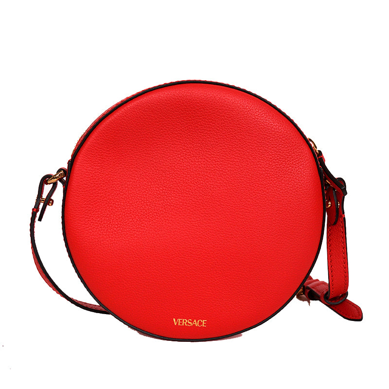 NEW $1295 VERSACE RUNWAY Red Grainy Leather LA MEDUSA HEAD LOGO Disco Round BAG