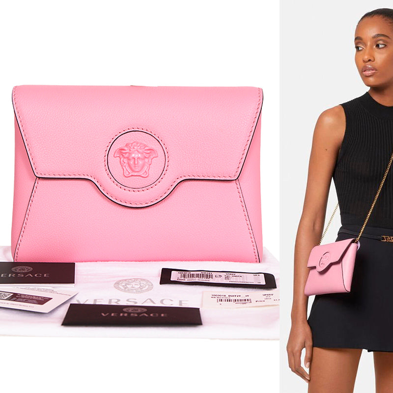 NEW $1050 VERSACE Pink Leather LA MEDUSA Mini Envelope Crossbody CHAIN STRAP BAG