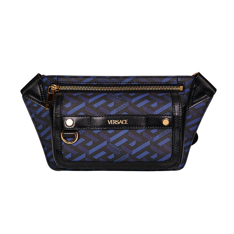 NEW $1,095 VERSACE Blue & Black LA GRECA Signature Coated Canvas BELT SLING BAG