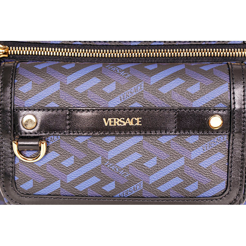 NEW $1,095 VERSACE Blue & Black LA GRECA Signature Coated Canvas BELT SLING BAG