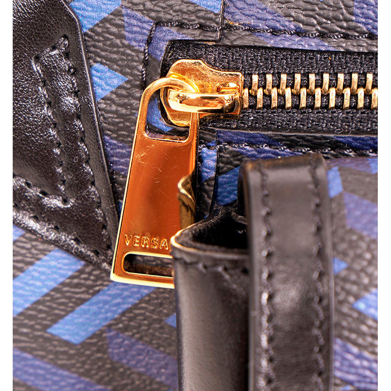 NEW $1,095 VERSACE Blue & Black LA GRECA Signature Coated Canvas BELT SLING BAG