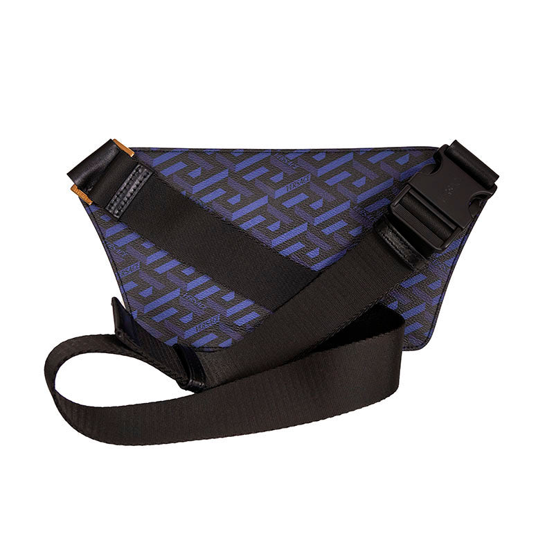 NEW $1,095 VERSACE Blue & Black LA GRECA Signature Coated Canvas BELT SLING BAG