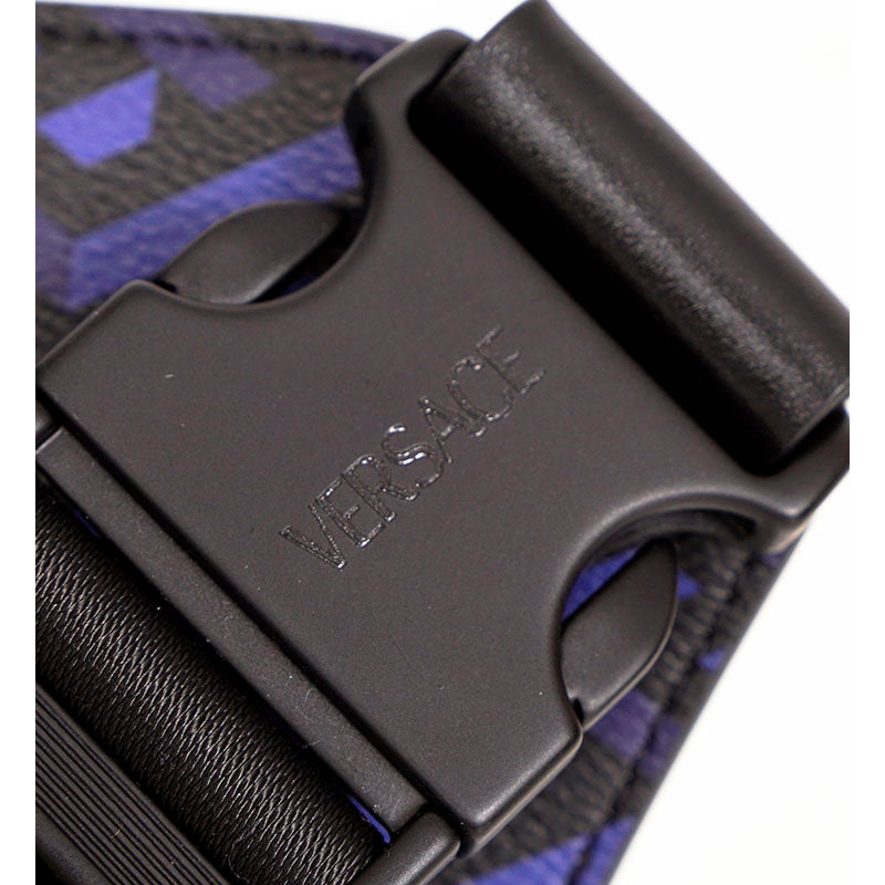 NEW $1,095 VERSACE Blue & Black LA GRECA Signature Coated Canvas BELT SLING BAG