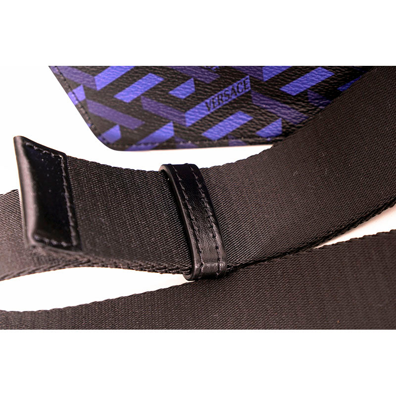 NEW $1,095 VERSACE Blue & Black LA GRECA Signature Coated Canvas BELT SLING BAG