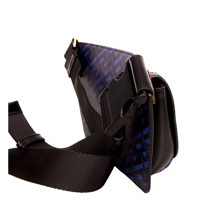 NEW $1,095 VERSACE Blue & Black LA GRECA Signature Coated Canvas BELT SLING BAG