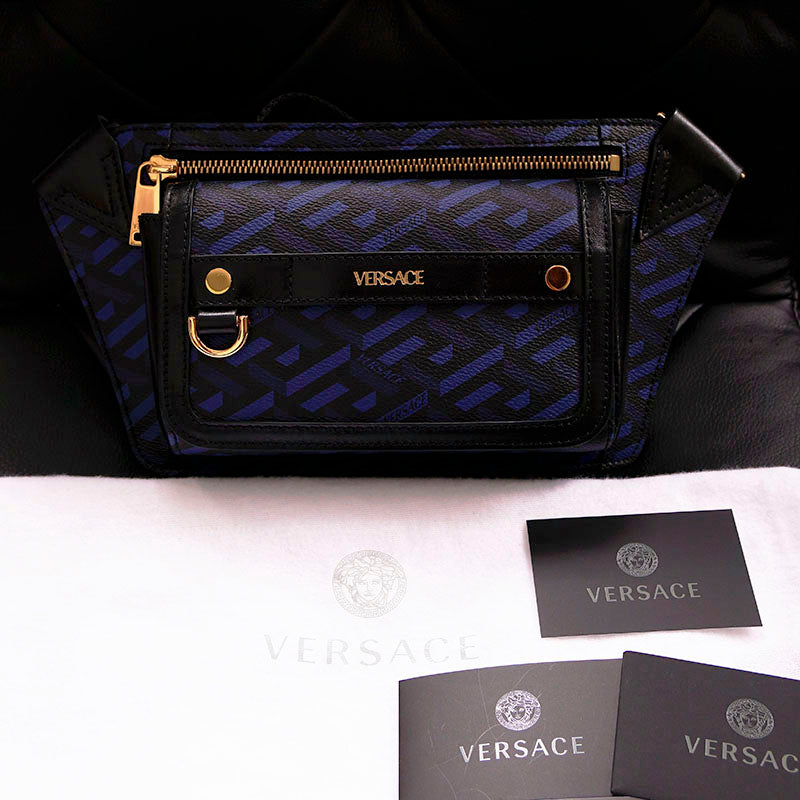 NEW $1,095 VERSACE Blue & Black LA GRECA Signature Coated Canvas BELT SLING BAG