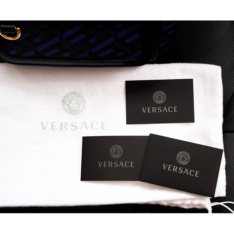 NEW $1,095 VERSACE Blue & Black LA GRECA Signature Coated Canvas BELT SLING BAG