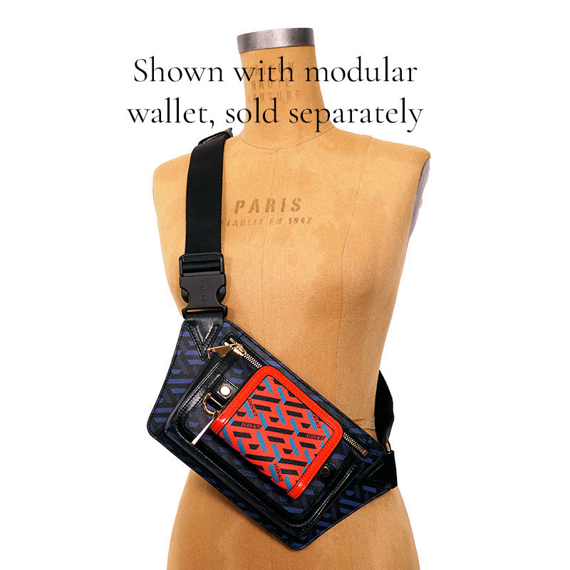 NEW $1,095 VERSACE Blue & Black LA GRECA Signature Coated Canvas BELT SLING BAG