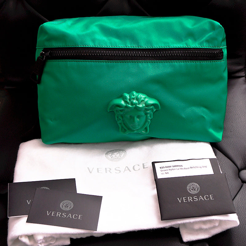 NEW $900 VERSACE Men's Emerald Green Nylon LA MEDUSA LOGO Sling Belt TRAVEL BAG