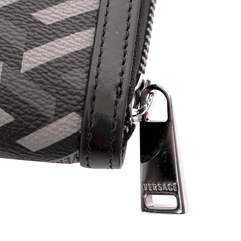 NEW $1415 VERSACE Black Gray LA GRECA Coated Canvas BAG w/ STRAP & 2 POUCHES SET
