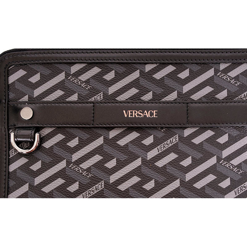 NEW $1415 VERSACE Black Gray LA GRECA Coated Canvas BAG w/ STRAP & 2 POUCHES SET